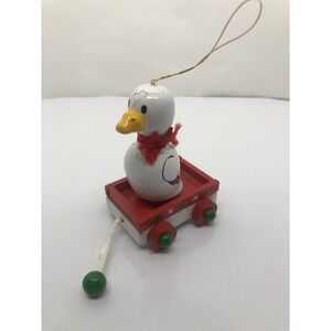 Vintage Wooden Duck Ornament 3" Hand Painted Goose In Wagon Christmas paint chip